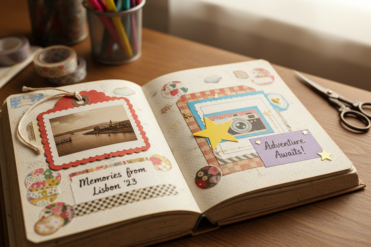 fait moi une image avec un journal qui fait scrapbooking avec des étiquettes